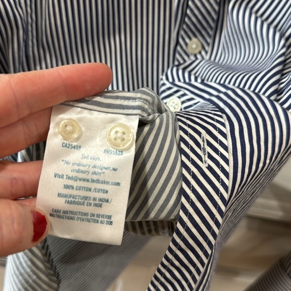 Ted Baker Endurance Navy Blue White Striped Button Down Dress Shirt Size 17 Neck - Picture 5 of 6